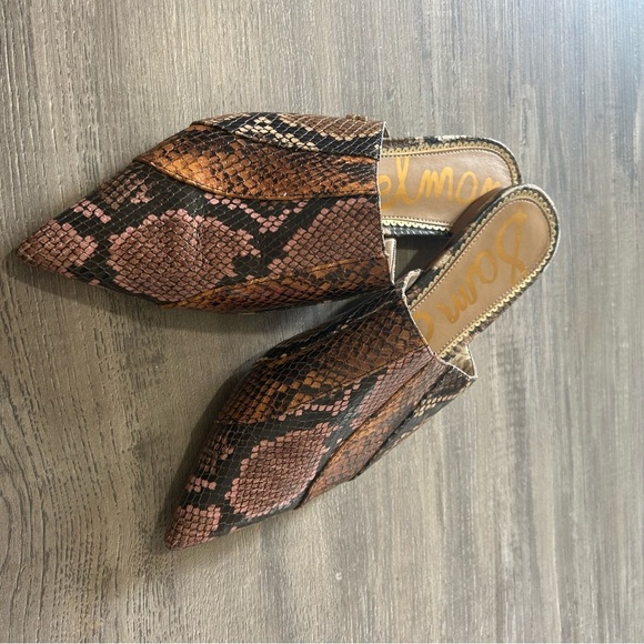 Sam Edelman Brown Snake Print Mules Leather Pointed Toe - Picture 6 of 6